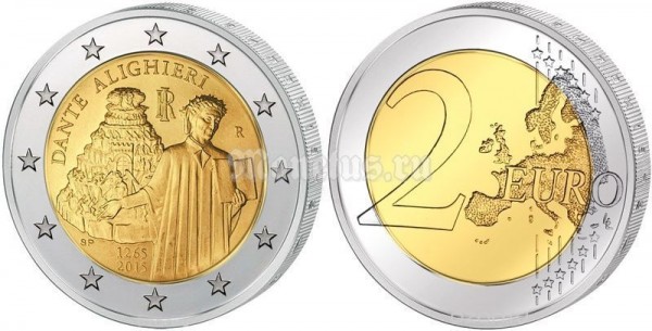 монета Италия 2 евро 2015 год 750 лет со дня рождения Данте Алигьери