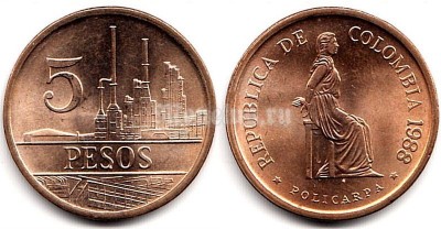 монета Колумбия 5 песо 1988 год