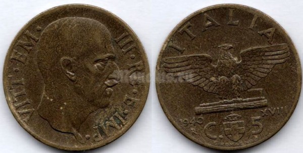 монета Италия 5 чентезимо 1940 год