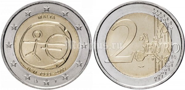 монета Мальта 2 евро 2009 год 10 лет Экономическому и валютному союзу