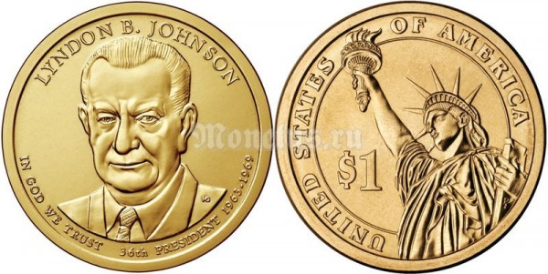 Монета 1 доллар 2015 год Линдон Джонсон 36-й президент США