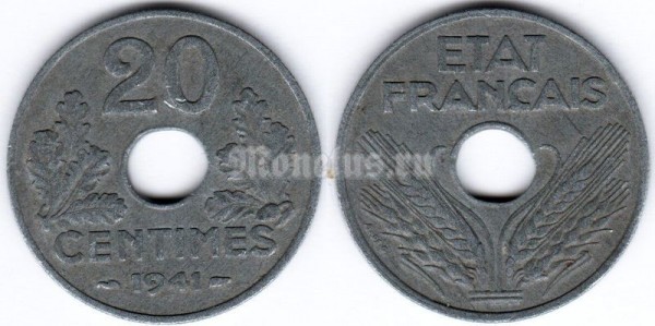 монета Франция 20 сантимов 1941 год