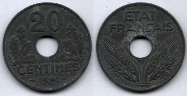 монета Франция 20 сантимов 1941 год