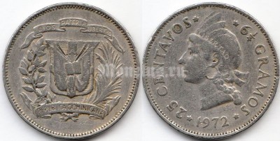 монета Доминикана 25 сентаво 1972 год