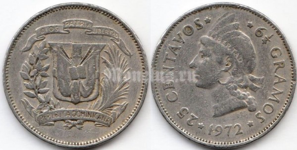 монета Доминикана 25 сентаво 1972 год