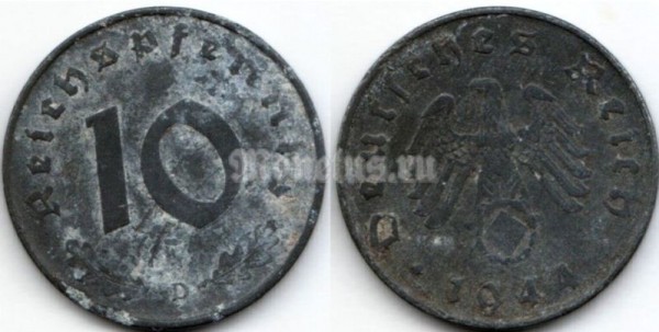 монета Германия 10 рейхспфеннигов 1944 год D