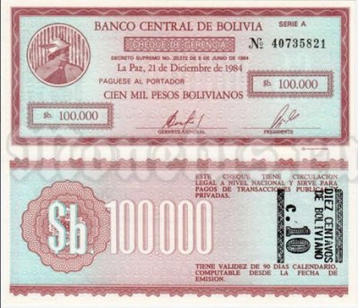 бона Боливия 10 центаво боливиано 1987 год на 100 000 песо боливиано 1984 год