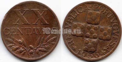 монета Португалия 20 сентаво 1956 год