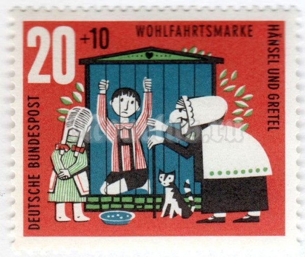 марка ФРГ 20+10 пфенниг "Scene from the fairy tale "Hansel and Gretel"" 1961 год