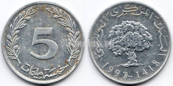 монета Тунис 5 миллим 1997 год