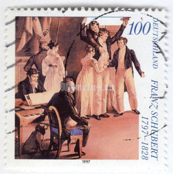 марка ФРГ 100 пфенниг "Schubertians in Atzenbrugg, Painting by Leopold Kupelwieser" 1997 год Гашение