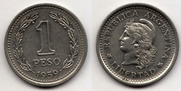 монета Аргентина 1 песо 1959 год
