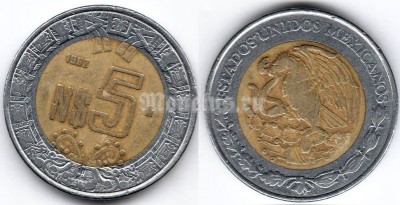 монета Мексика 5 новых песо 1992 год