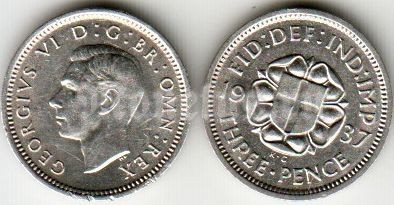Монета Великобритания 3 пенса 1937 год Георг VI