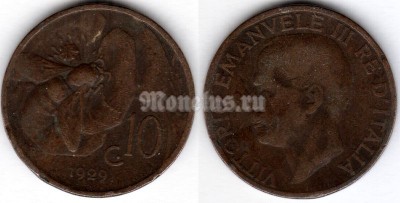 монета Италия 10 чентезимо 1929 год Пчела