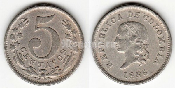 монета Колумбия 5 центаво 1886 год