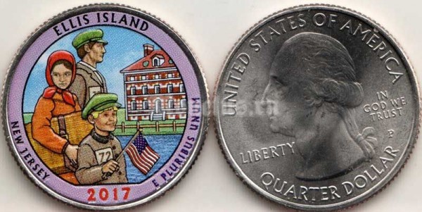 США 25 центов 2017 год Национальный монумент острова Эллис, штат Нью-Джерси, 39-й, эмаль