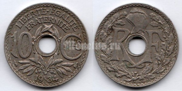 монета Франция 10 сантимов 1934 год