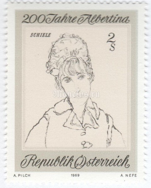марка Австрия 2 шиллинга "Wife of an Artist" by Egon Schiele" 1969 год