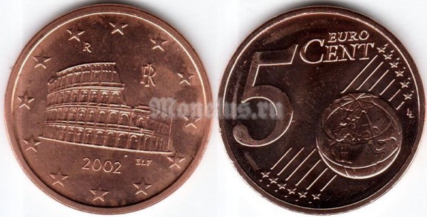 монета Италия 5 евроцентов 2002 год