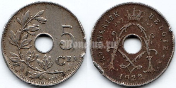 монета Бельгия 5 сантимов 1922 год BELGIË