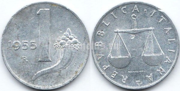 монета Италия 1 лира 1955 год
