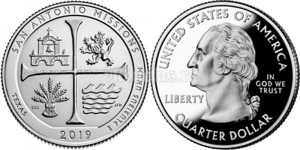 монета США 25 центов 2019 год Национальный исторический парк Миссии Сан-Антонио, штат Техас, 49-й парк