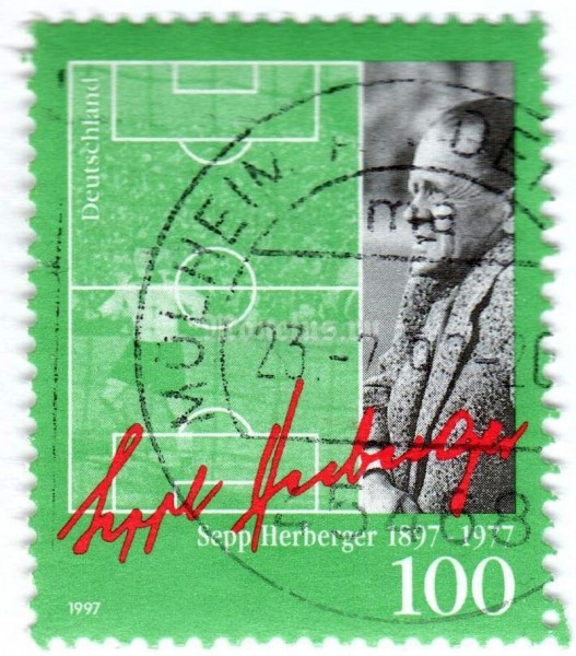 марка ФРГ 100 пфенниг "Sepp Herberger (1897-1977)" 1997 год Гашение