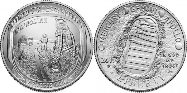 монета США 1/2 доллара "Аполлон-11" 50 лет Космос 2019 год 