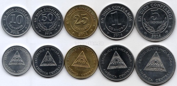 Никарагуа набор из 5-ти монет 2012 - 2014 год
