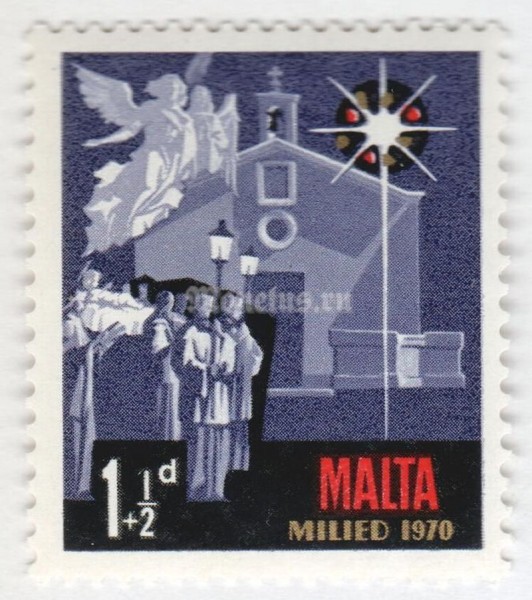 марка Мальта 1+1/2 пенни "Carol Singers, Church and Star" 1970 год
