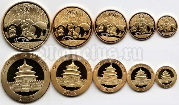 Китай набор из 5-ти монетовидных жетонов 2013 год панды PROOF