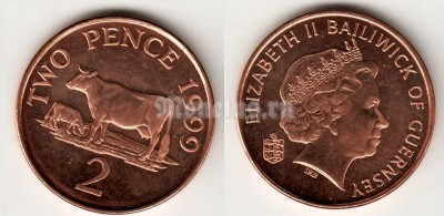 монета Гернси 2 пенни 1999-2012 год - Корова