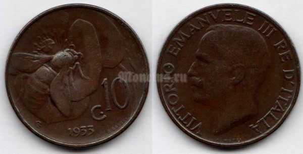 монета Италия 10 чентезимо 1933 год Пчела