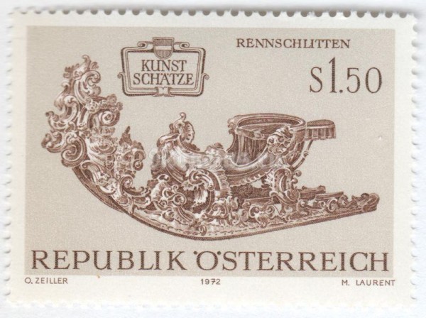 марка Австрия 1,50 шиллинга "Race sledge" 1972 год