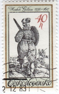 марка Чехословакия 40 геллеров "Warrior with Sword and Shield, engraving, 17th century" 1983 год Гашение