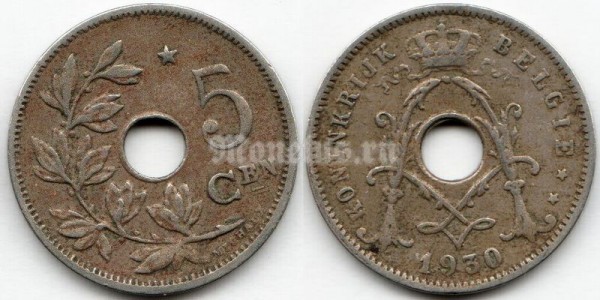 монета Бельгия 5 сантимов 1930 год BELGIË