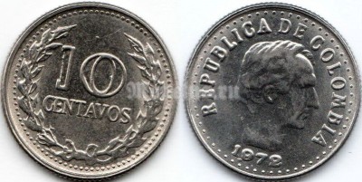 монета Колумбия 10 сентаво 1972 год