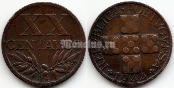 монета Португалия 20 сентаво 1944 год