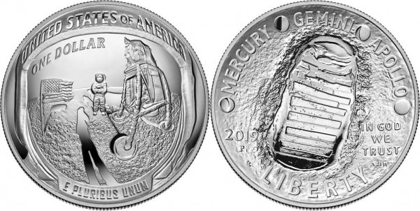 монета США 1 доллара "Аполлон-11" 50 лет Космос 2019 год