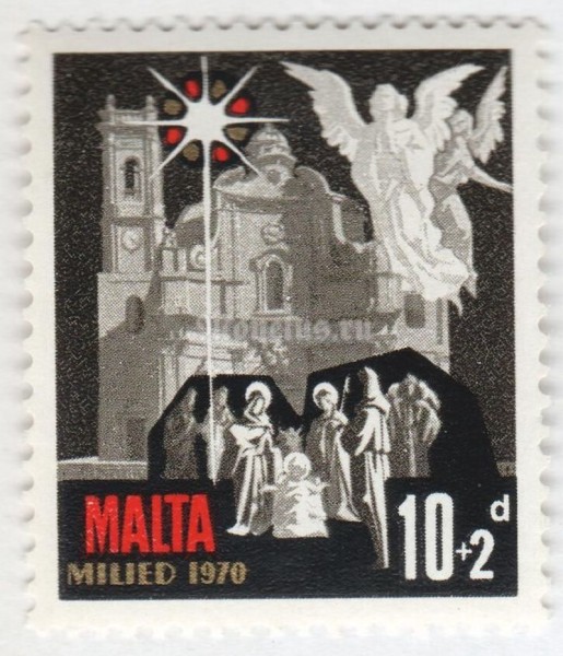 марка Мальта 10+2 пенни "Church, star and angels with Infant" 1970 год