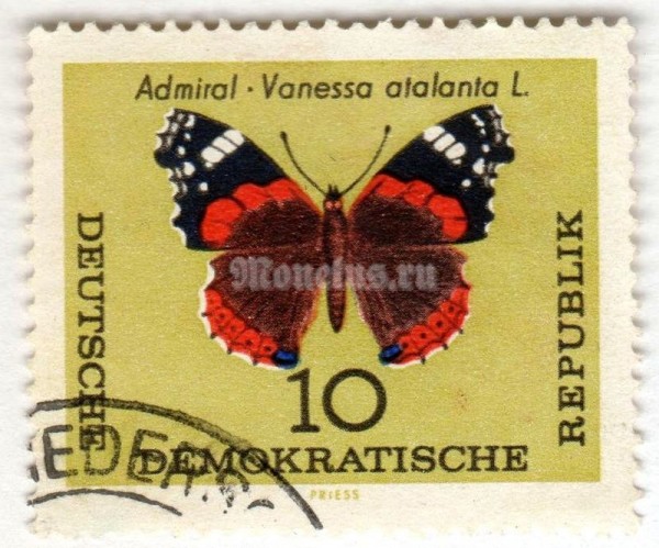 марка ГДР 10 пфенниг "Red Admiral (Vanessa atalanta)" 1964 год Гашение