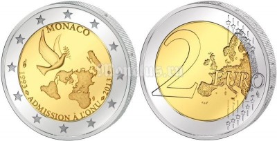 монета Монако 2 евро 2013 год 20 лет вступления ООН
