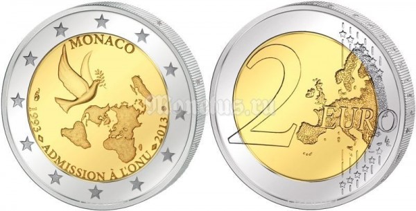 монета Монако 2 евро 2013 год 20 лет вступления ООН