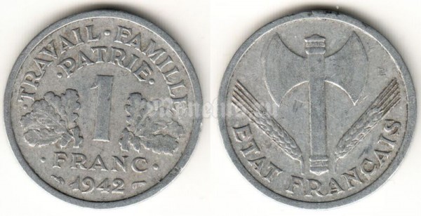 монета Франция 1 франк 1942 год