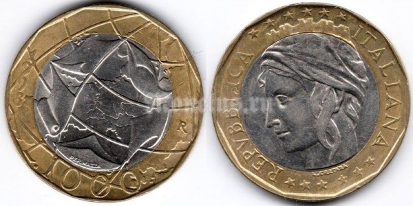 монета Италия 1000 лир 1998 год