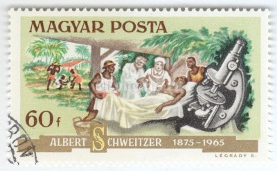 марка Венгрия 60 филлер "Dr. Schweitzer and a patient" 1975 год Гашение