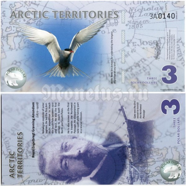 бона Арктика 3 доллара 2011 год, пластик. 2-й выпуск без защитной полосы
