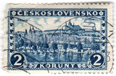 марка Чехословакия 2 кроны "Prague, Hradčany and Charles bridge" 1926 год Гашение