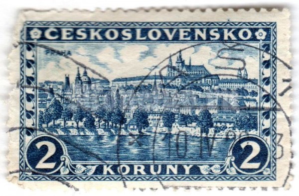 марка Чехословакия 2 кроны "Prague, Hradčany and Charles bridge" 1926 год Гашение